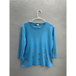Southern Lady Womens Shirt Size Medium Blue 3/4 Sleeve Embroidered Detail